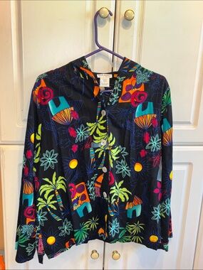 Paradiso Tropical Hoodie Button-Up Shirt - Black with Neon Floral Print, size: L